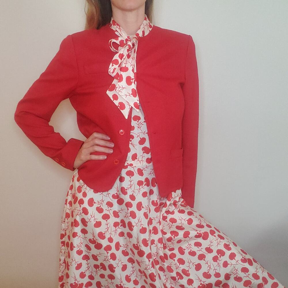 Vintage 60's Mod Dress and Matching Blazer Jacket True Red Floral Bowtie Scarf 8